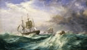 A painting of boats on the ocean